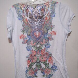 One World Live and Let Live Shirt Womens XL White Boho Floral Short Sleeve Shirt